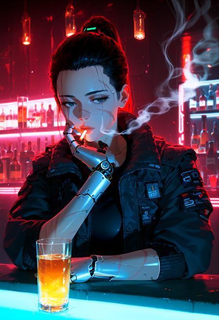 20240824172249 cyberpunk bounty hunter relaxing at a bar ponytail 2270247094 .png